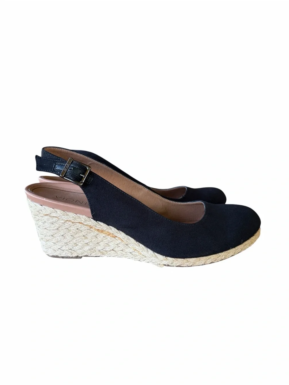 Vionic Black and Tan Coralina Espadrille Wedge Slingback closed Toe Sandal Sz 11